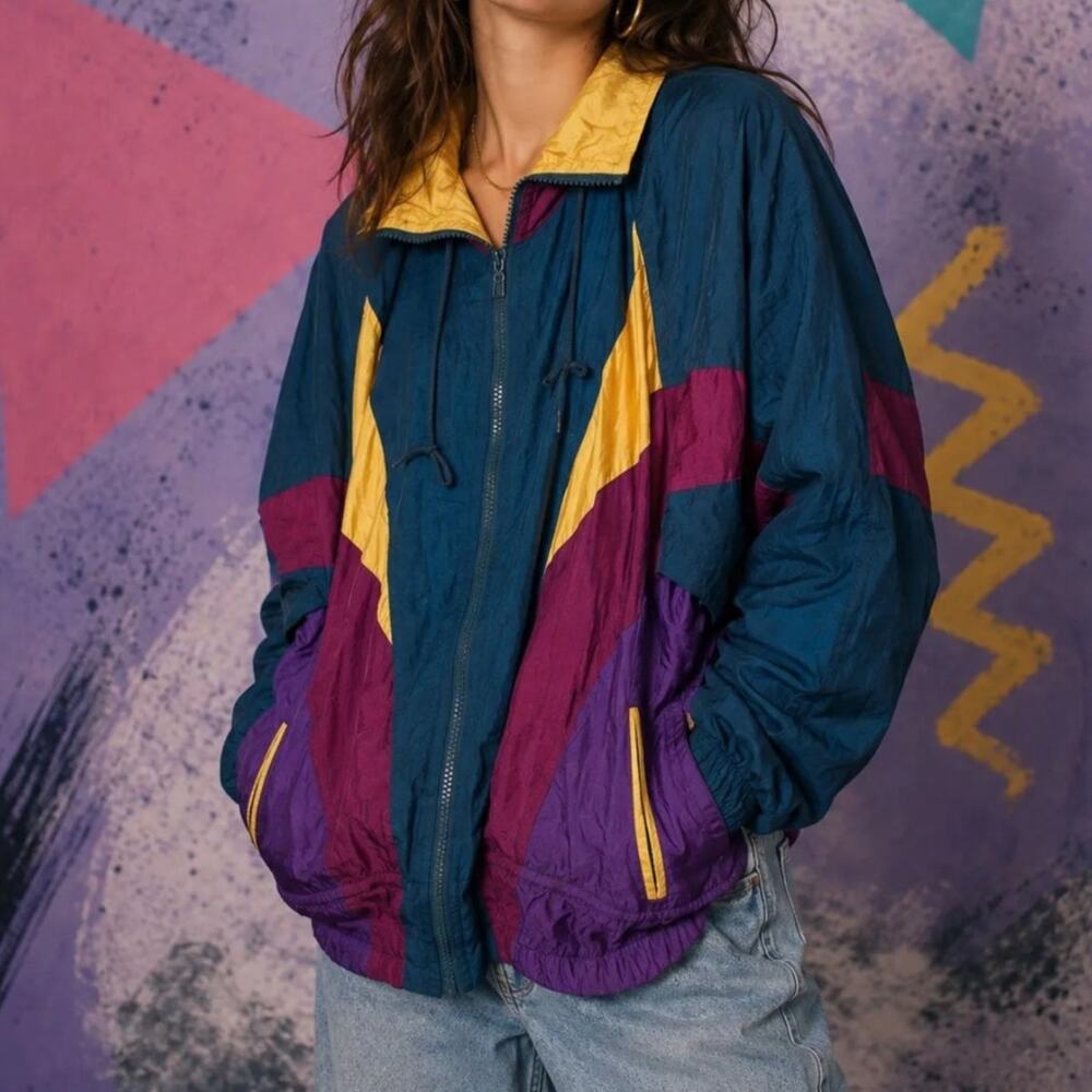 Vintage Athletic Works Nylon Multicolor Bomber Jacket Women's Size Large EUC